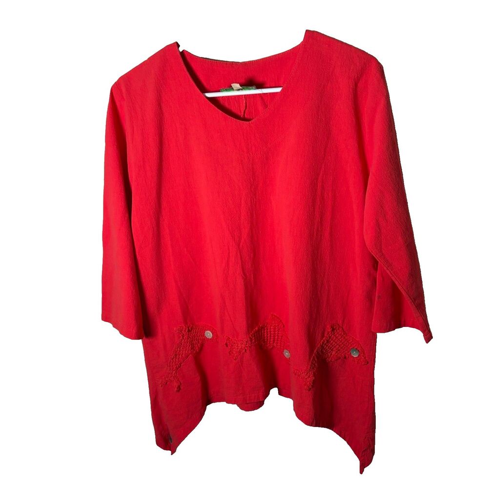 Palm Grove Blouse Women's Petite Medium Dolphin 3/4 Sleeve Lagenlook Top
